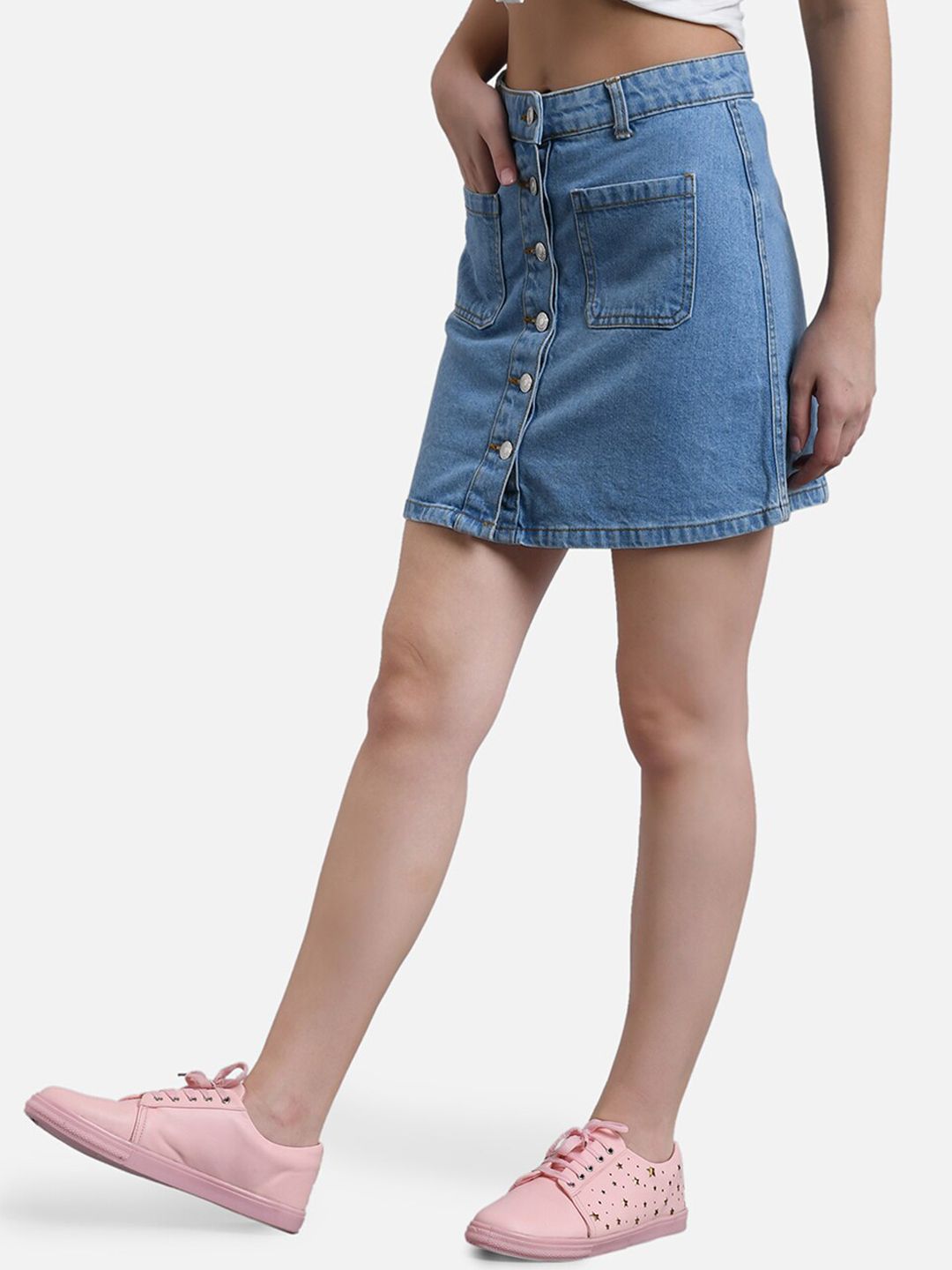 Kotty Women Blue Solid Denim Mini A-Line Skirt