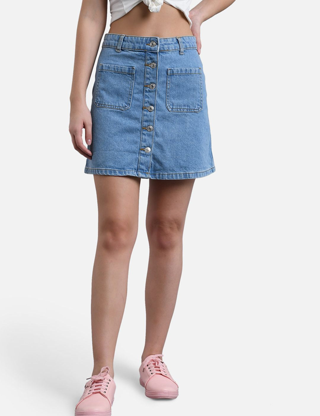 Kotty Women Blue Solid Denim Mini A-Line Skirt