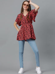 Kotty Red & Black Floral Printed Flared Sleeves Wrap Longline Top