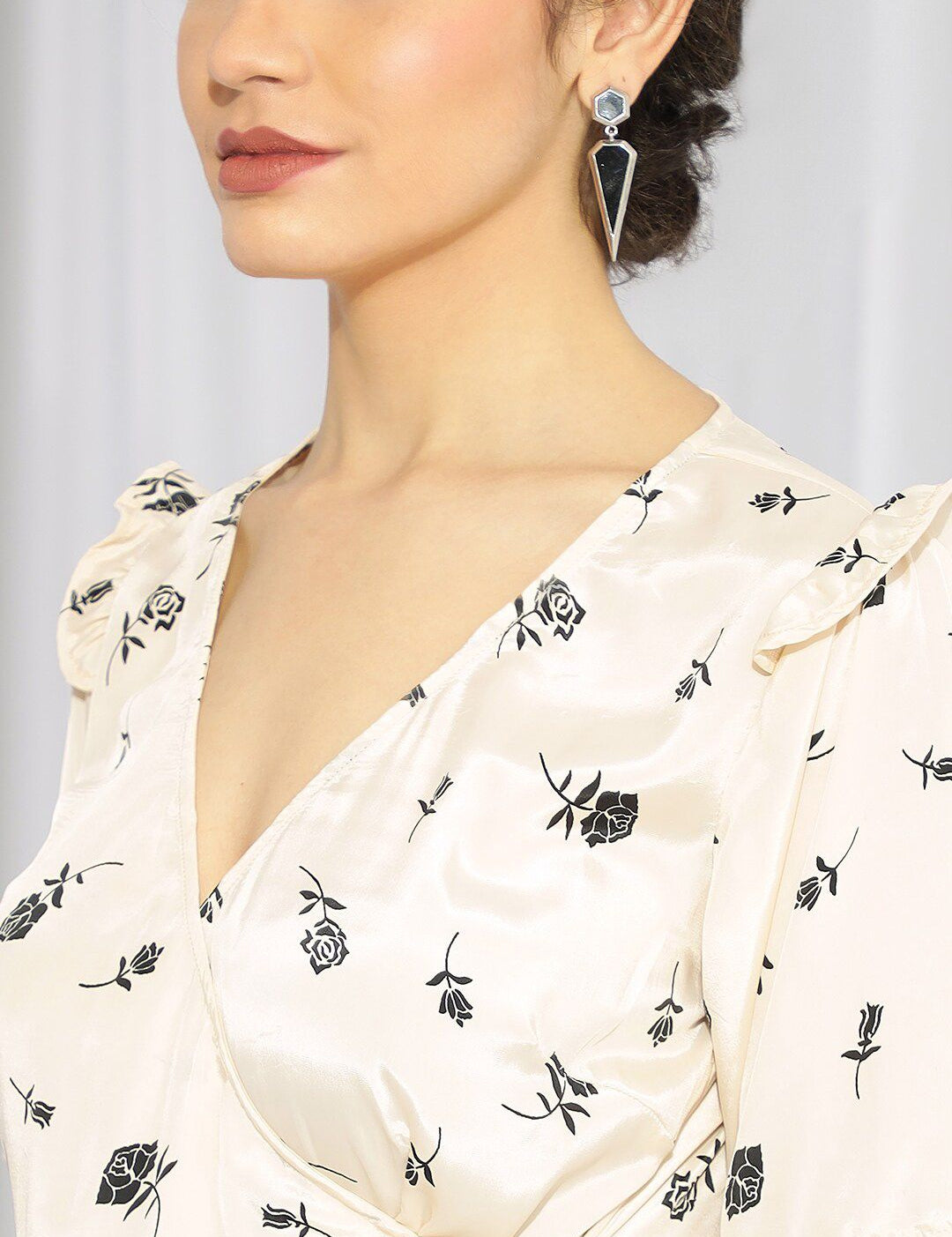 Kotty Cream & Black Floral Printed Wrap Midi Dress