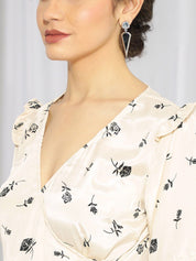 Kotty Cream & Black Floral Printed Wrap Midi Dress