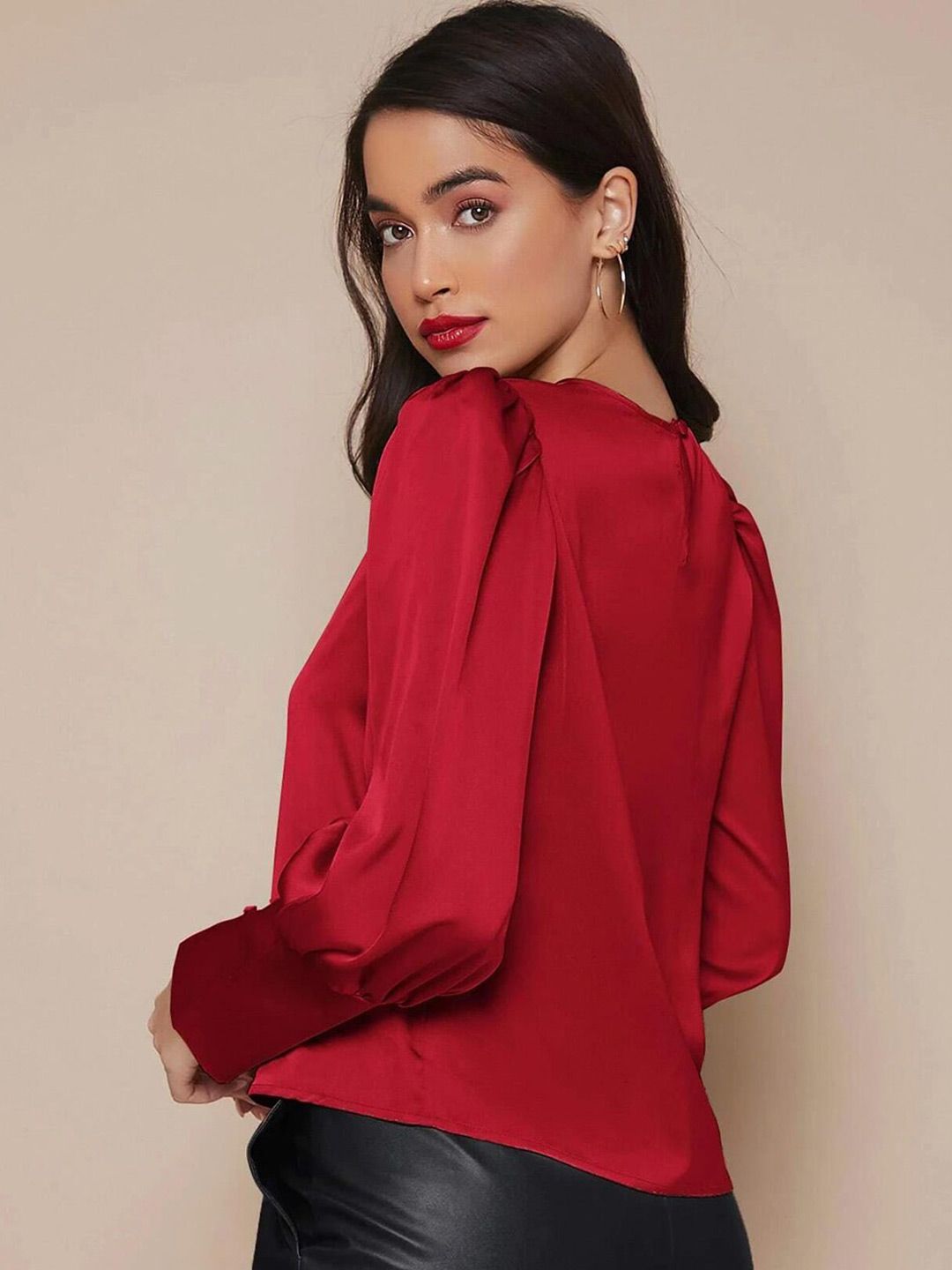 Kotty Round Neck Cuffed Sleeve Satin Top