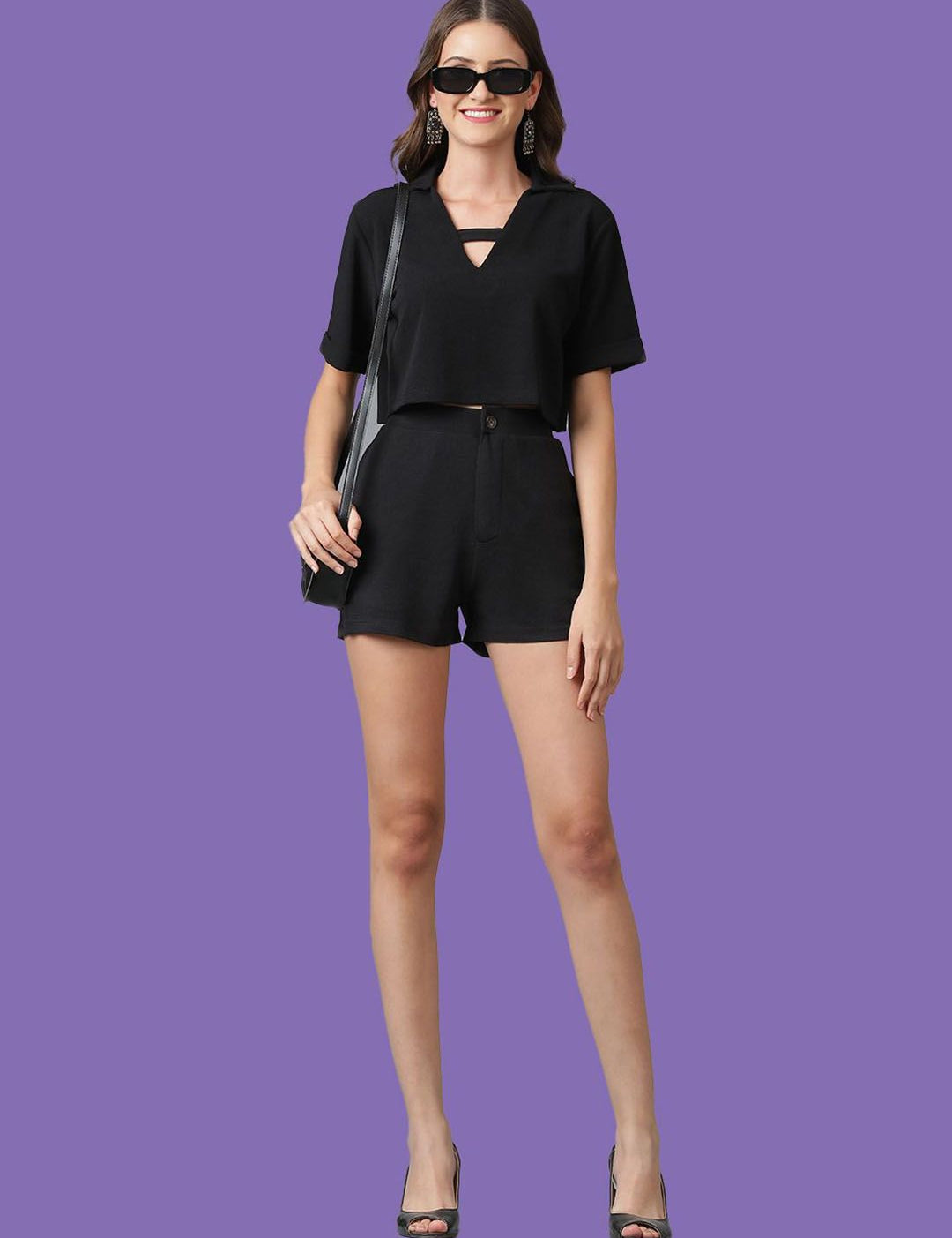 Kotty Black Shirt Collar Top & Shorts