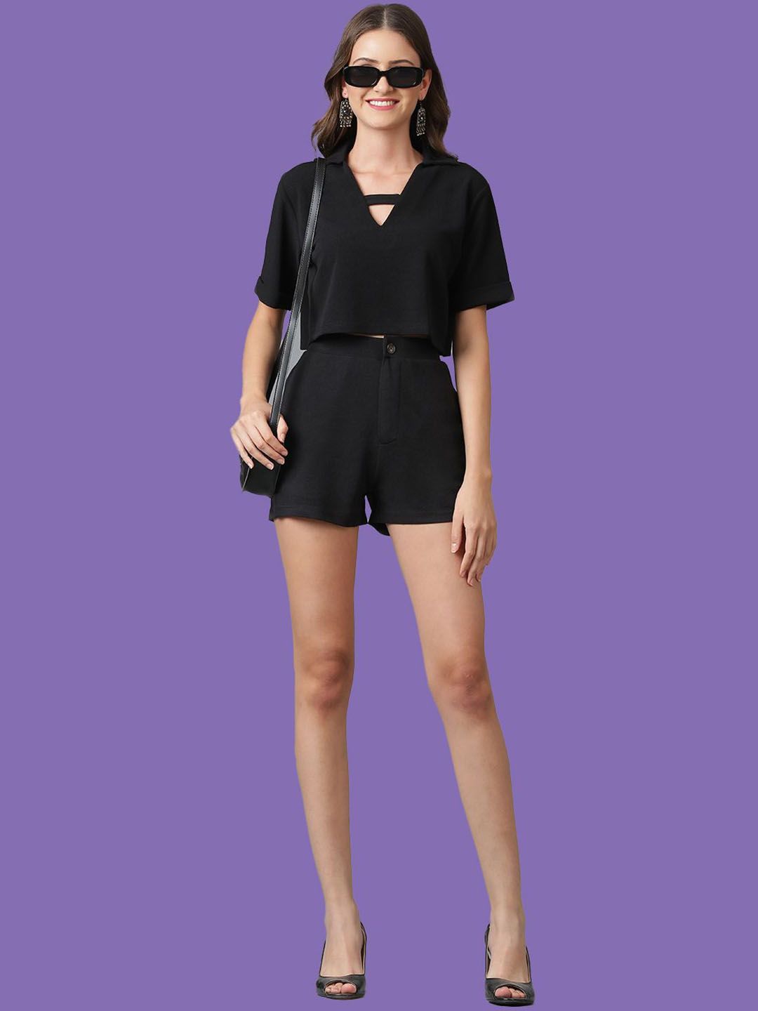 Kotty Black Shirt Collar Top & Shorts