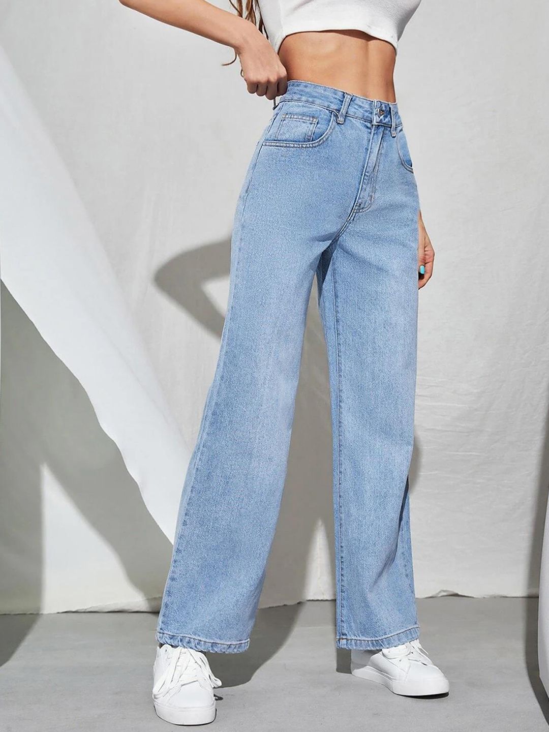 KOTTY Basics Blue Women Jean Straight Fit High-Rise Heavy Fade Stretchable Jeans