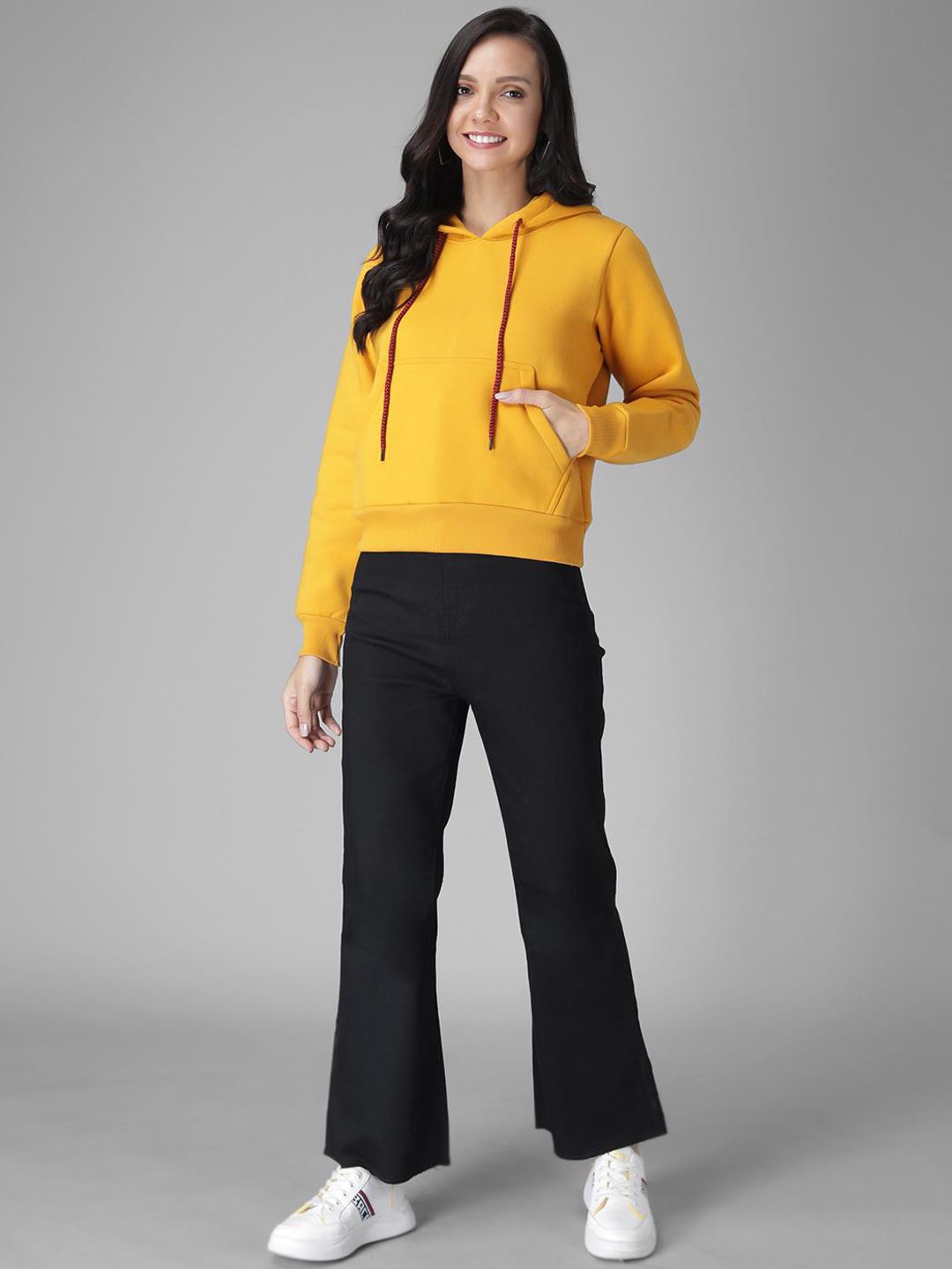 Kotty Women Yellow Solid Hooded Sweatshirt