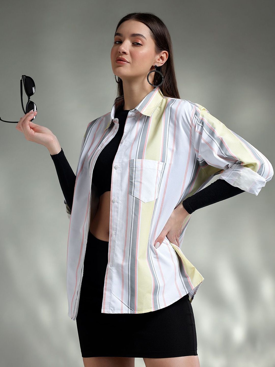 Kotty Women Spread Collar Vertical Striped Cotton Oversized Casual Shirt