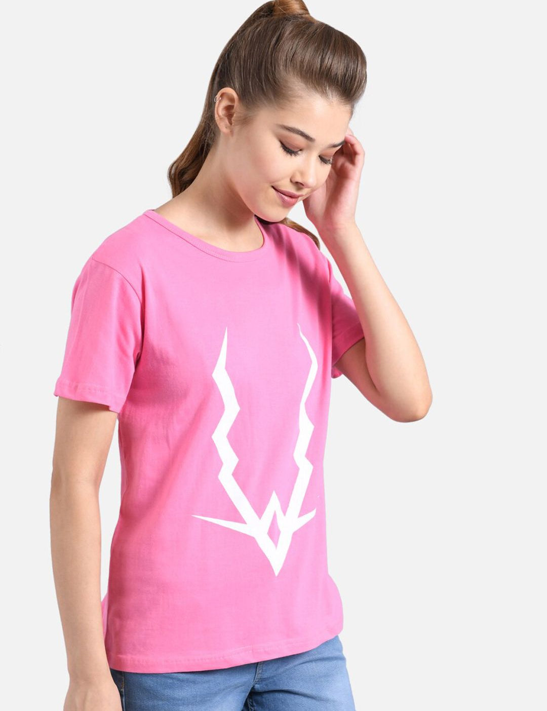 Kotty Women Pink & White Printed Round Neck T-shirt