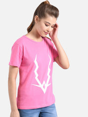 Kotty Women Pink & White Printed Round Neck T-shirt