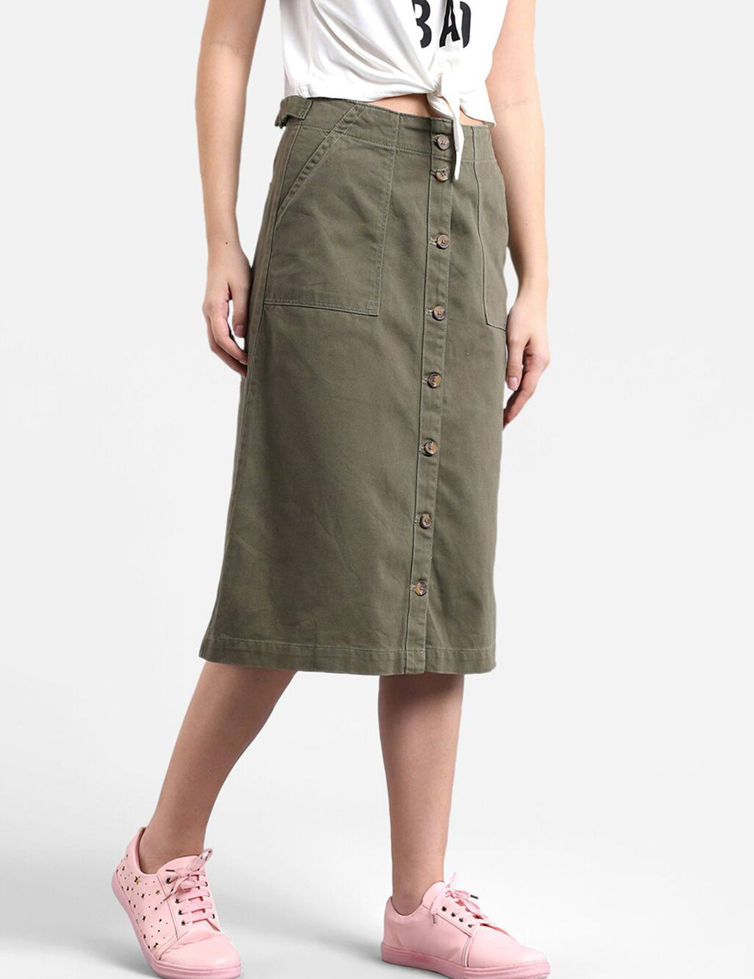 Kotty Women Olive Green Solid Midi A-Line Skirt