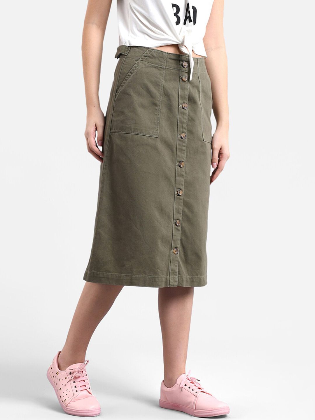 Kotty Women Olive Green Solid Midi A-Line Skirt
