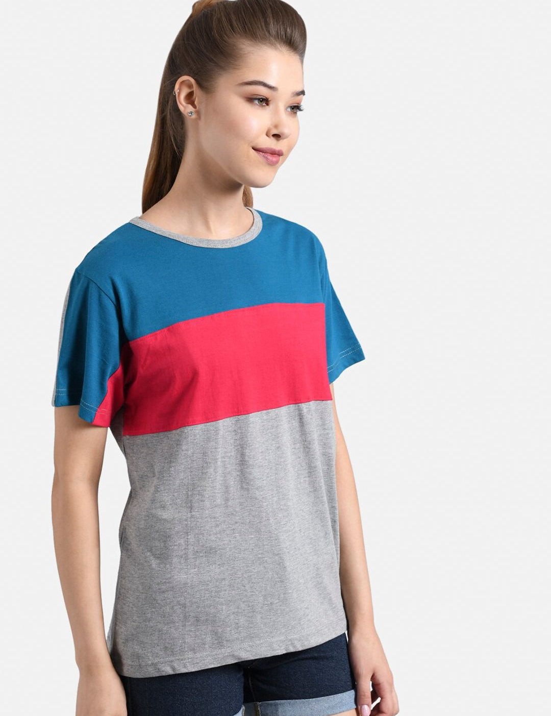 Kotty Women Grey & Blue Colourblocked Round Neck T-shirt