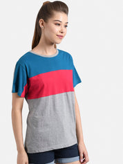 Kotty Women Grey & Blue Colourblocked Round Neck T-shirt