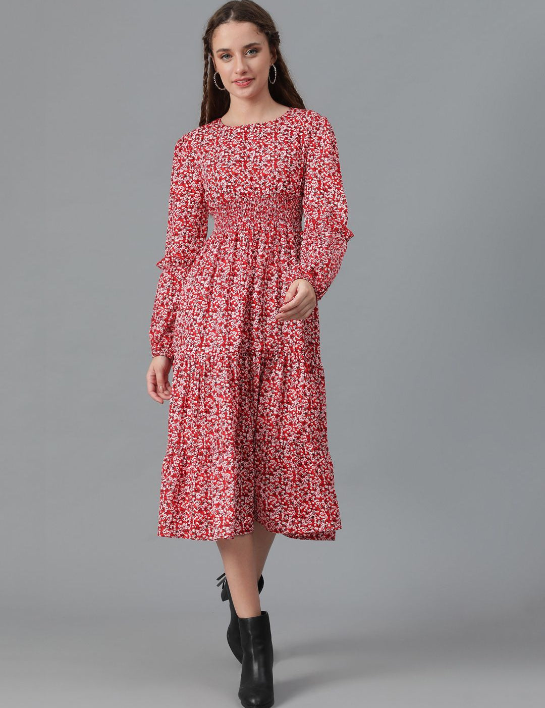 Kotty Floral Printed Puff Sleeve Layered Crepe Fit & Flare Midi Dress