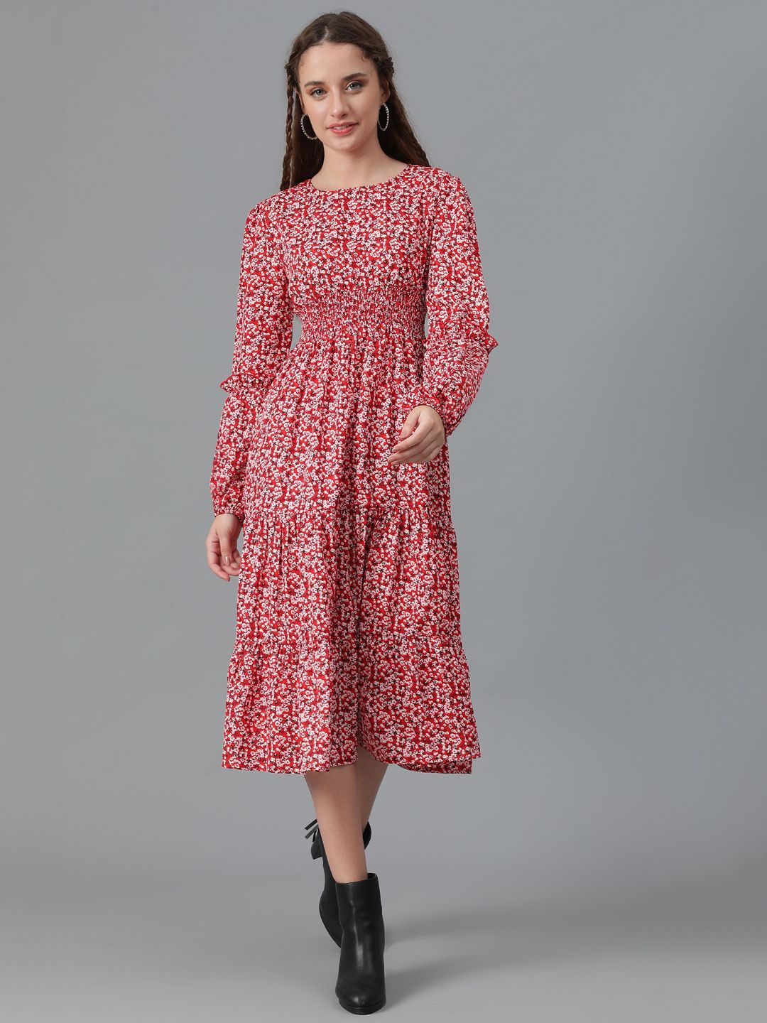 Kotty Floral Printed Puff Sleeve Layered Crepe Fit & Flare Midi Dress