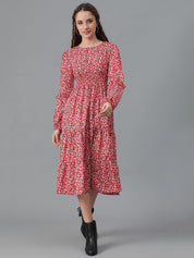Kotty Floral Printed Puff Sleeve Layered Crepe Fit & Flare Midi Dress