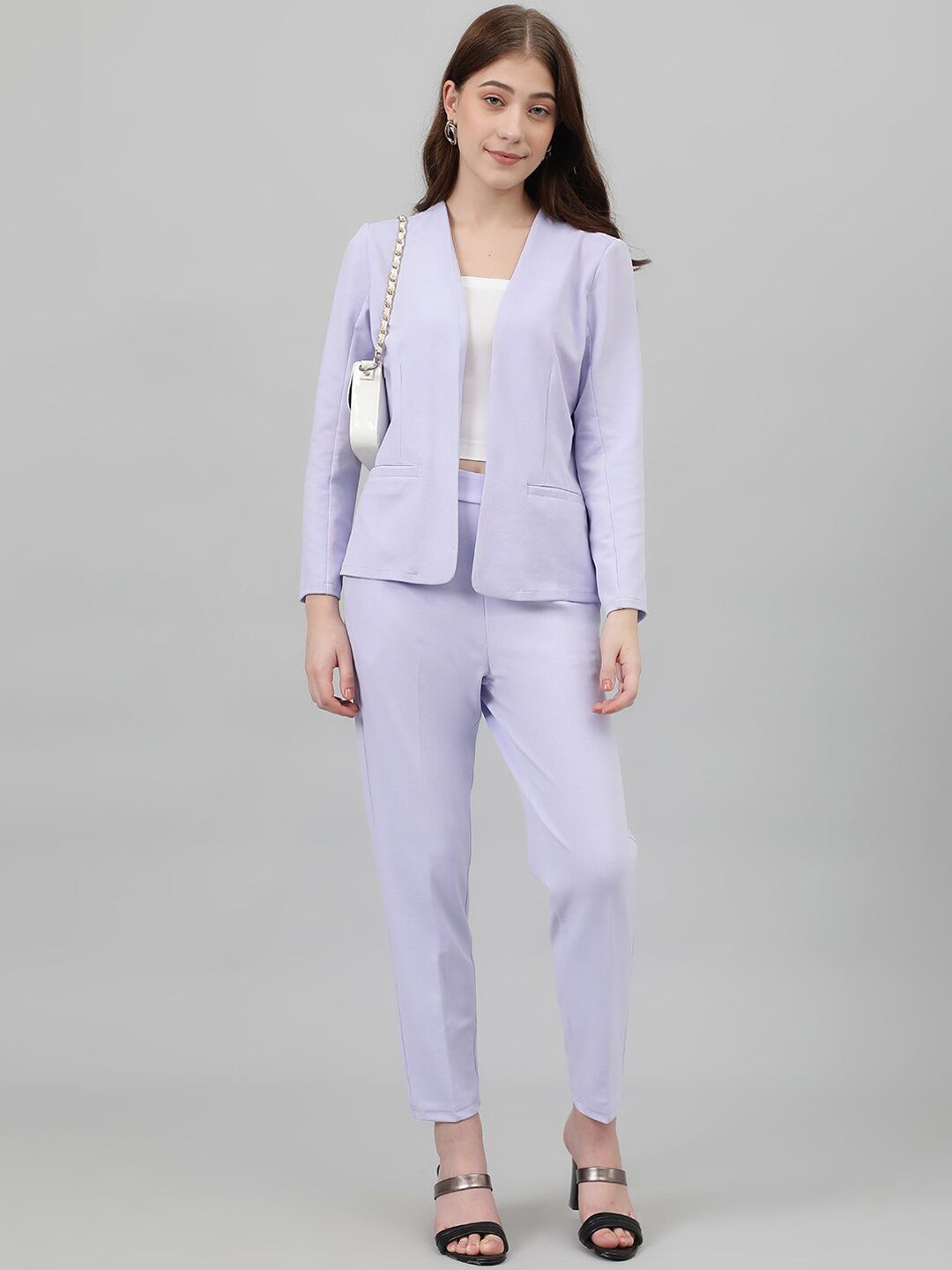 Kotty Purple Collarless Long Sleeves Blazer With Trousers