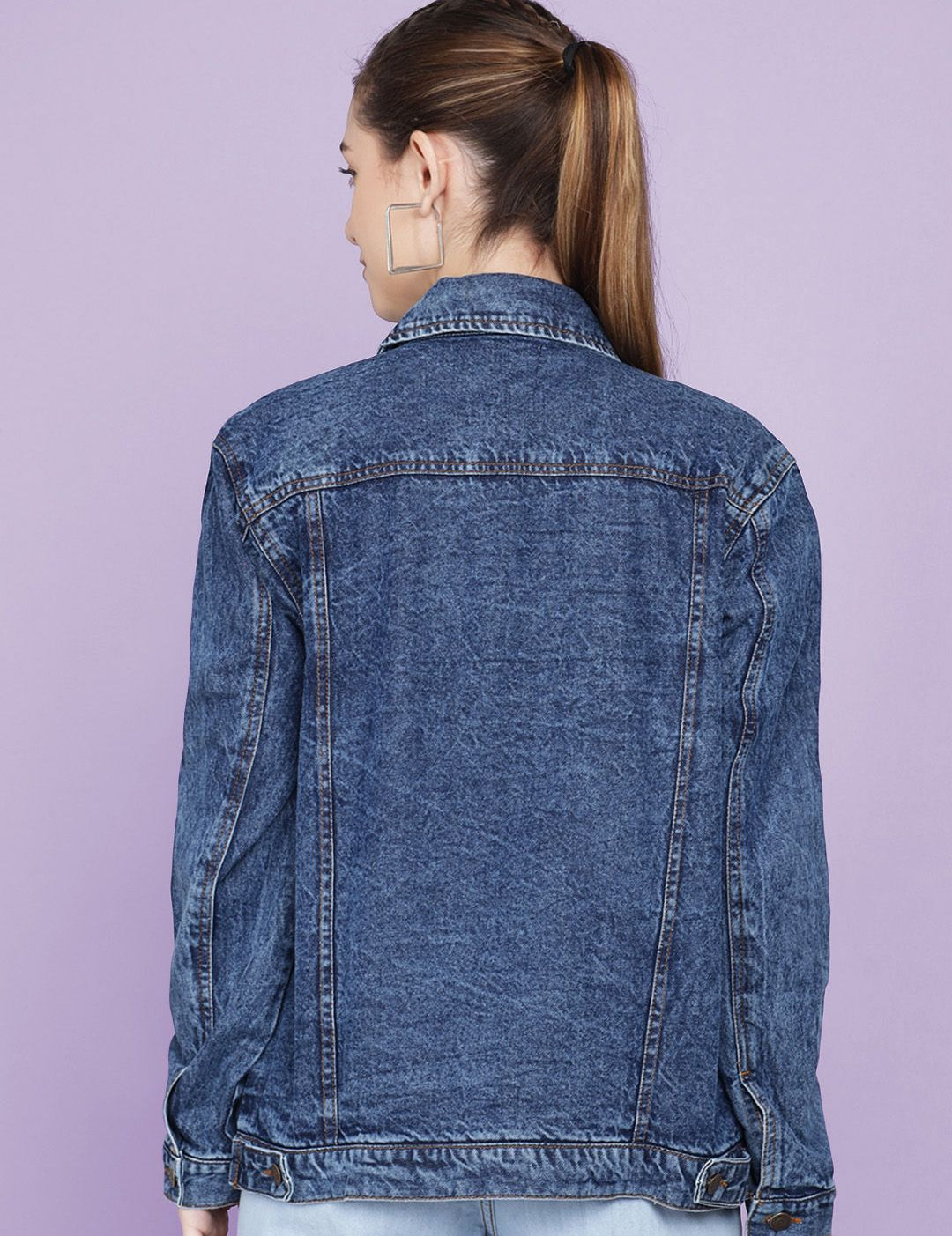 Kotty Women Spread Collar Washed Self Design Cotton Casual Denim Jacket