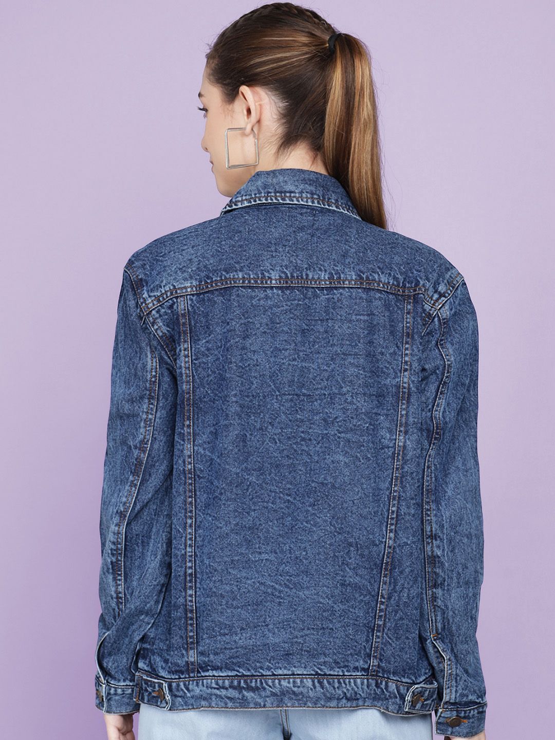 Kotty Women Spread Collar Washed Self Design Cotton Casual Denim Jacket