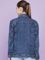 Kotty Women Spread Collar Washed Self Design Cotton Casual Denim Jacket