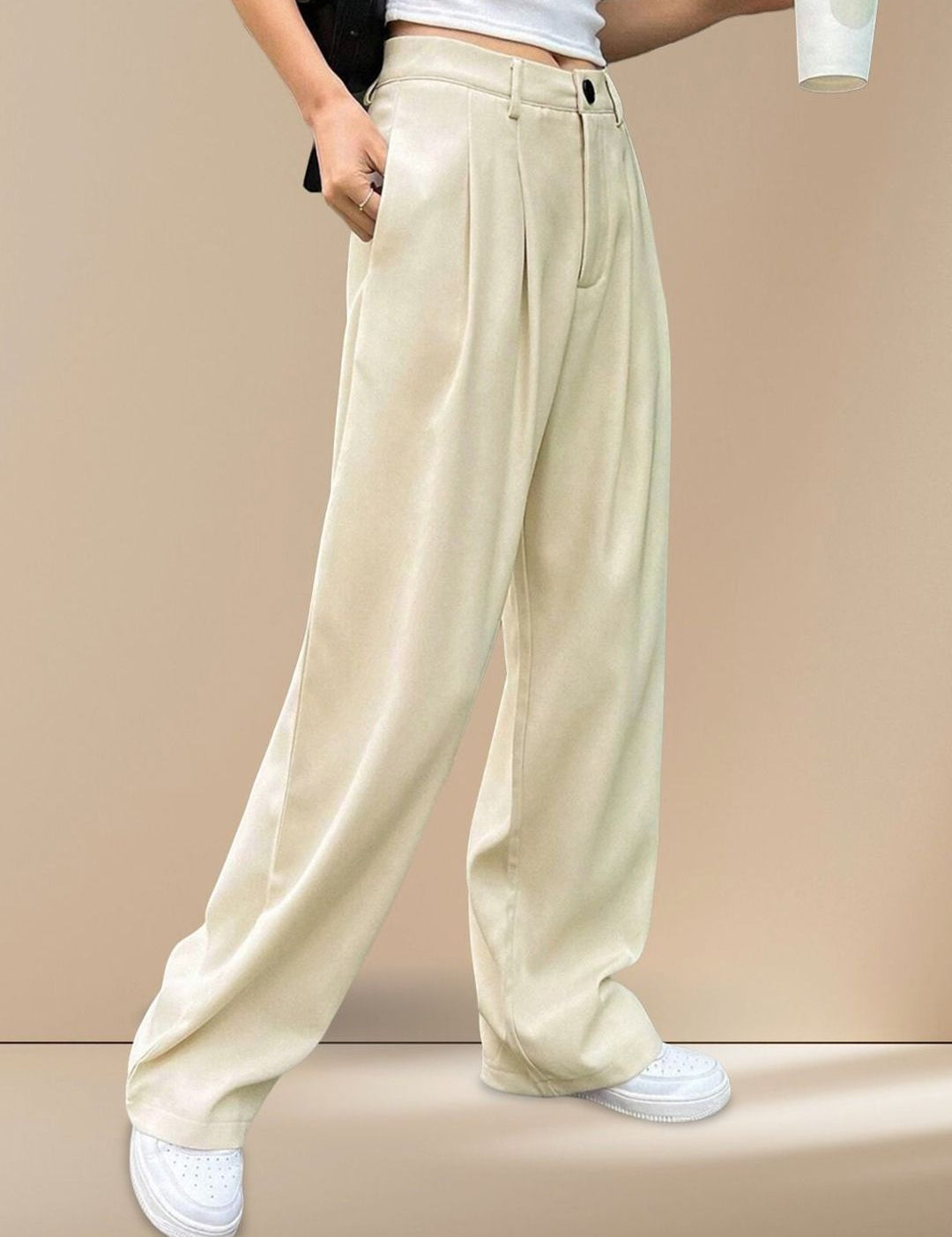 Kotty Women Textured Straight Fit High-Rise Pleated Trousers