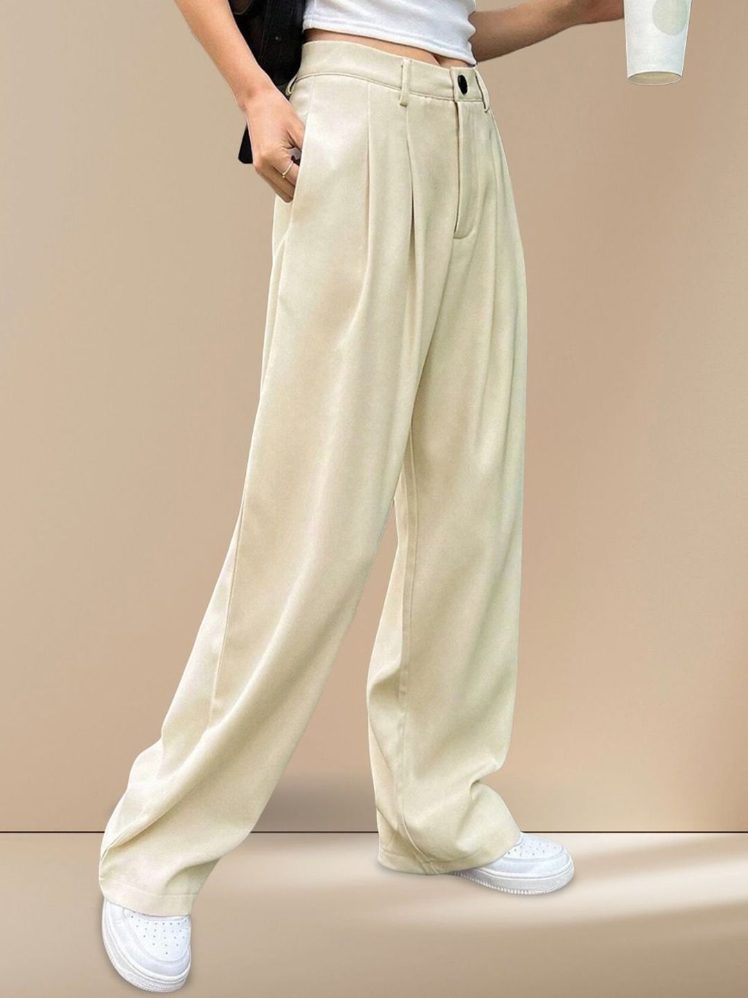 Kotty Women Textured Straight Fit High-Rise Pleated Trousers
