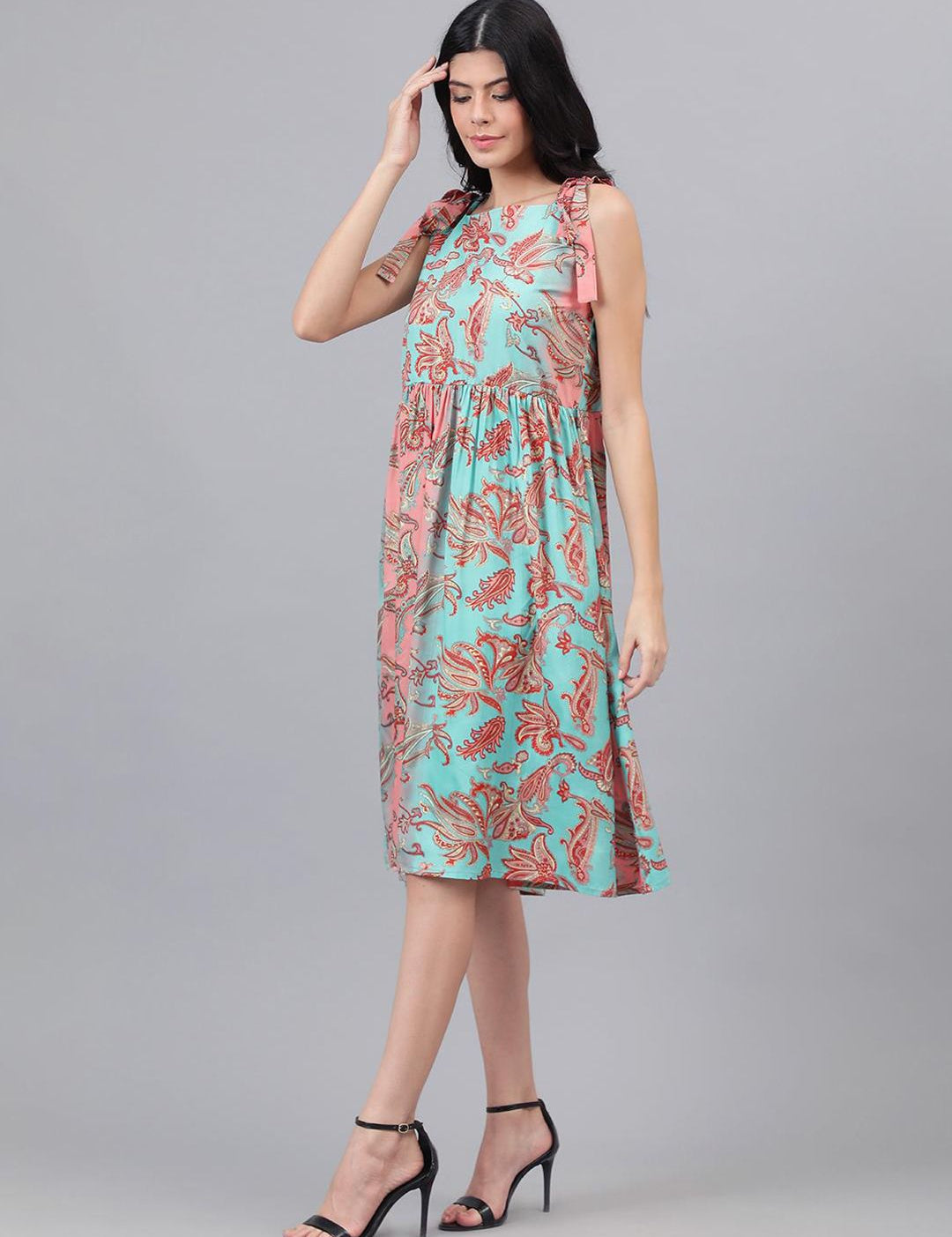 Kotty Pink And Sea Green Paisley Ethnic Print Fit & Flare Midi Dress