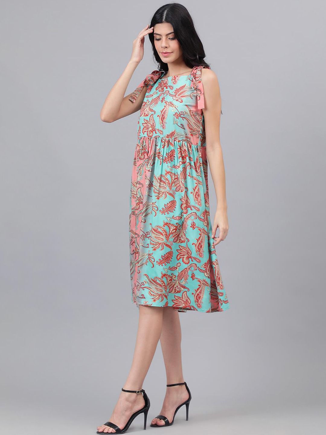 Kotty Pink And Sea Green Paisley Ethnic Print Fit & Flare Midi Dress