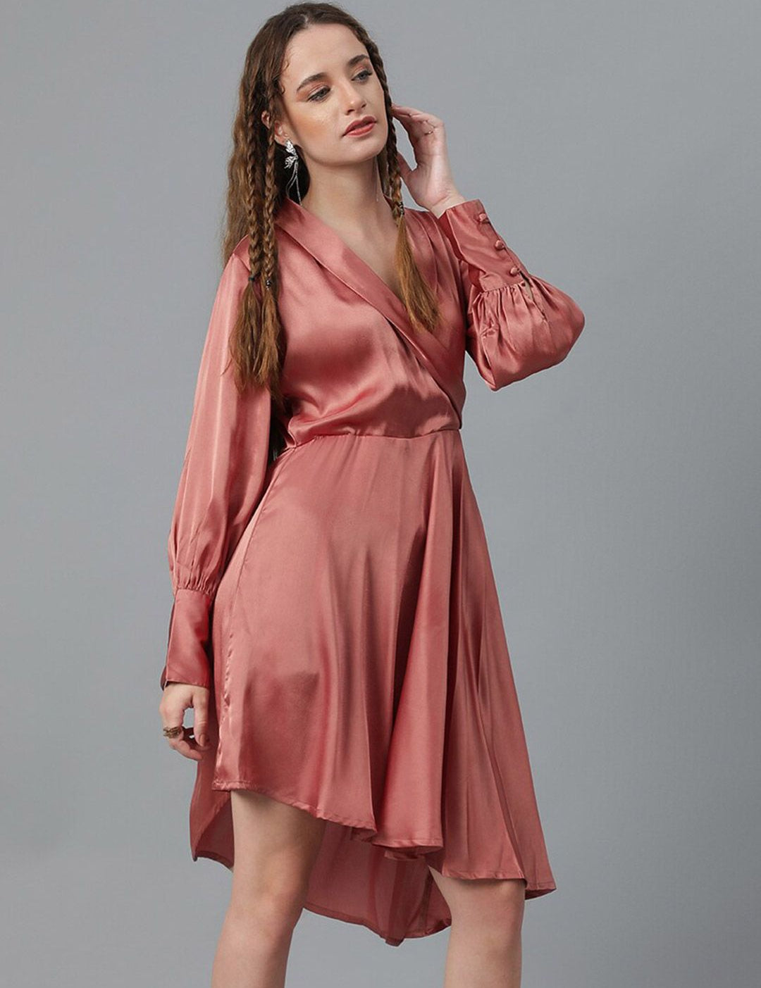 Kotty Brown Cuffed Sleeve Satin Fit & Flare Dress