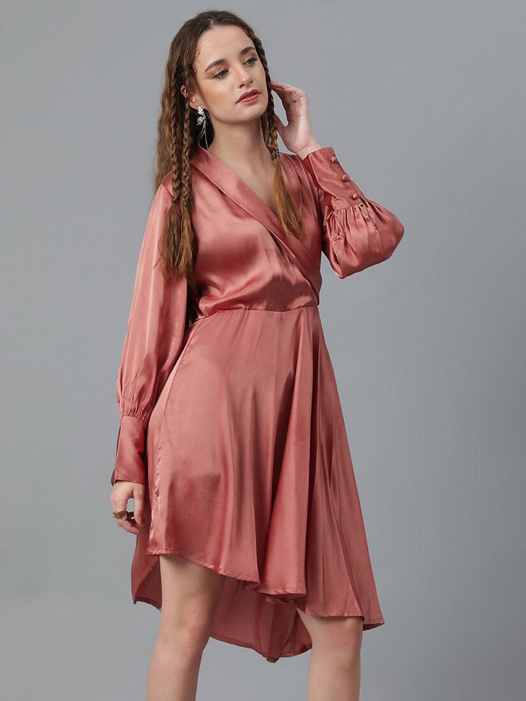 Kotty Brown Cuffed Sleeve Satin Fit & Flare Dress