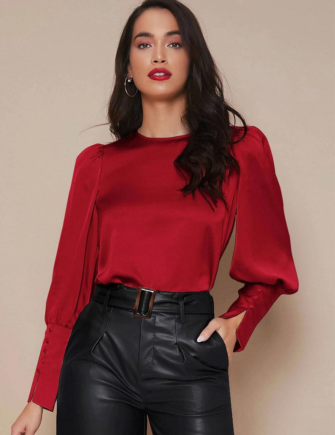 Kotty Red Puff Sleeves Satin Top
