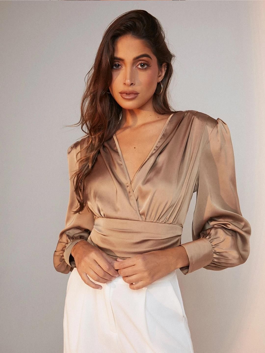Kotty V-Neck Ruched Solid Wrap Top