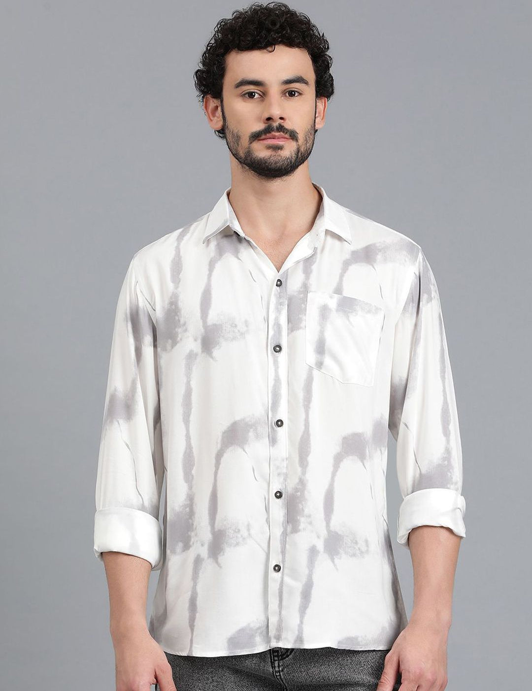 Kotty White & Grey Tie and Dye Spread Collar Relaxed Fit Casual Shirt