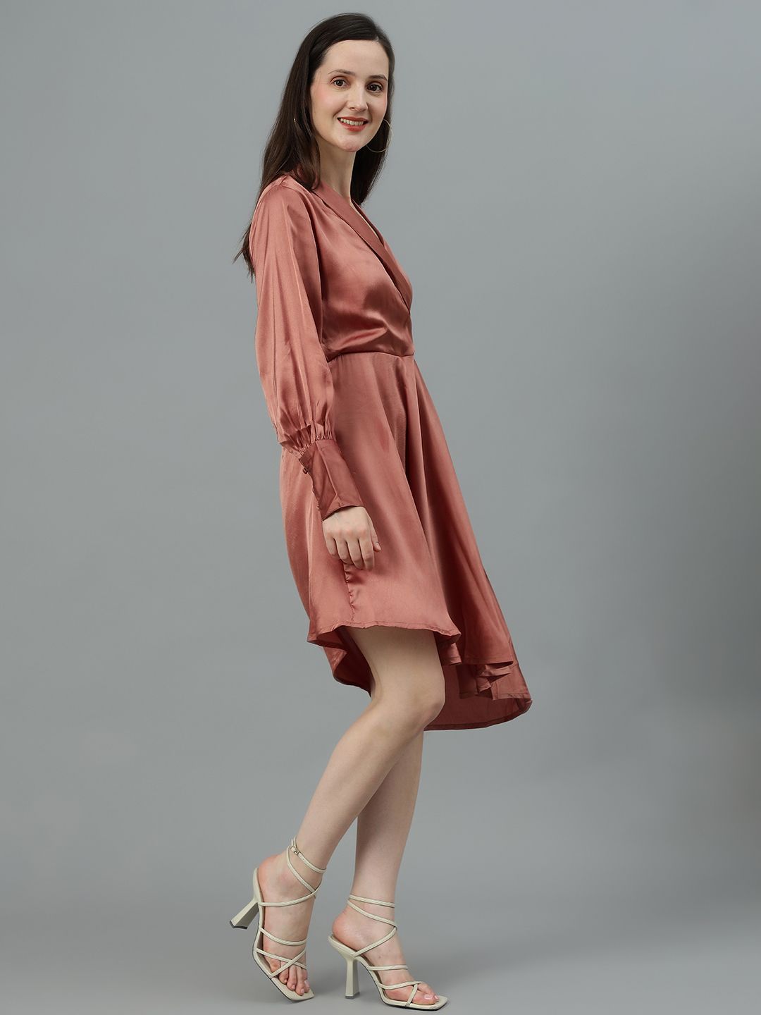 Kotty V-Neck Cuffed Sleeves Satin Wrap Dress