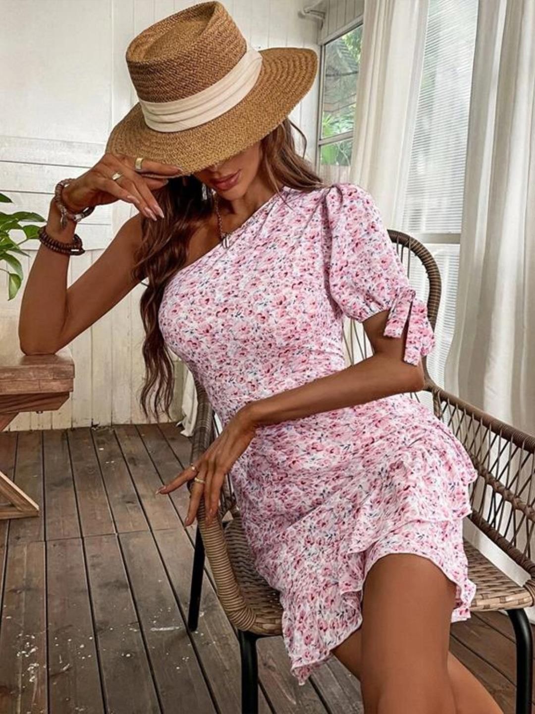 Kotty White & Pink Floral Printed One Shoulder Puffed Sleeve Ruffled Sheath Dress