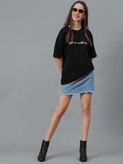 Kotty Typography Printed Round Neck  Drop-Shoulder Sleeves Pure Cotton Oversized T-shirt
