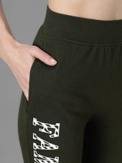 Kotty Women Olive Green & White Printed Joggers
