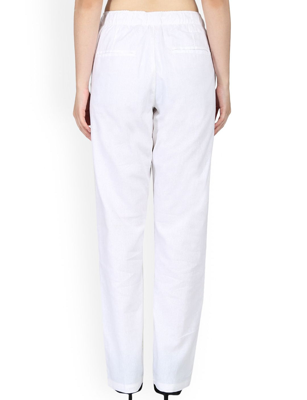 Kotty Women White Regular Fit Solid Linen Regular Trousers