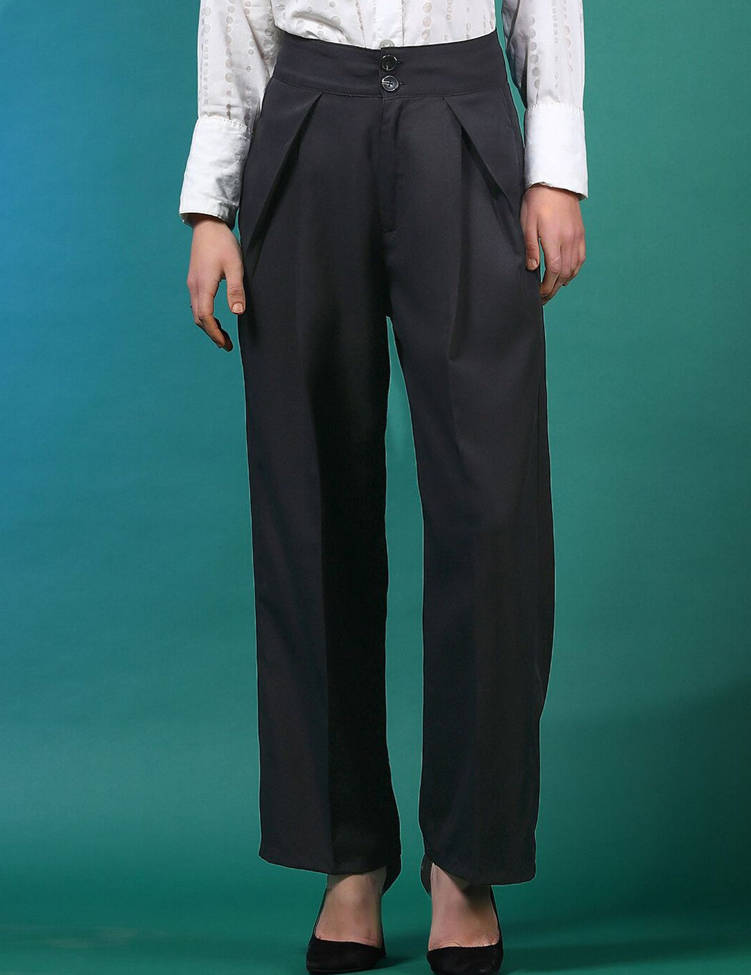 Stylecast X KOTTY BIZwear Black Women Relaxed Straight Leg High-Rise Easy Wash Trousers