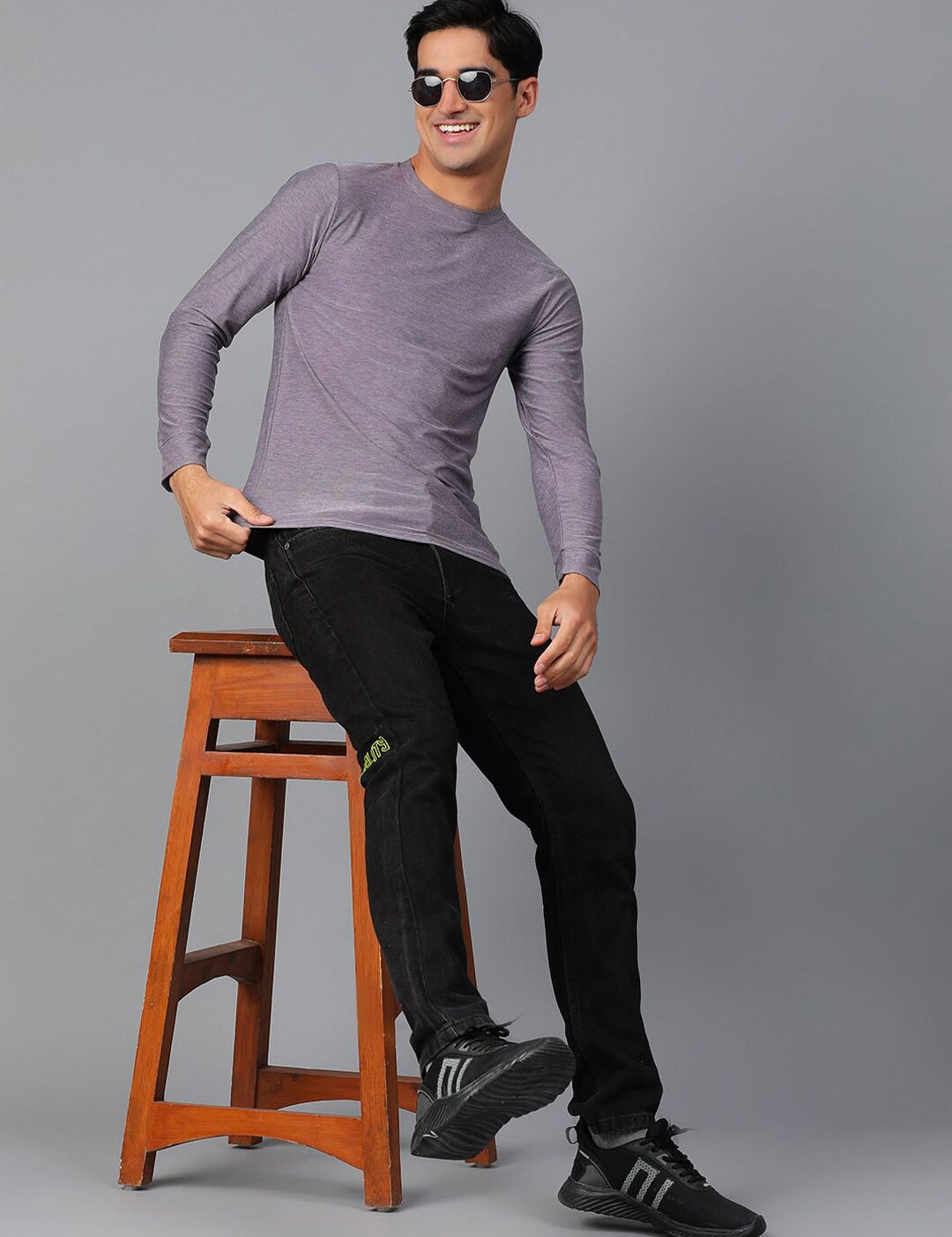 Kotty Purple Round Neck Long Sleeves Slim Fit T-shirt