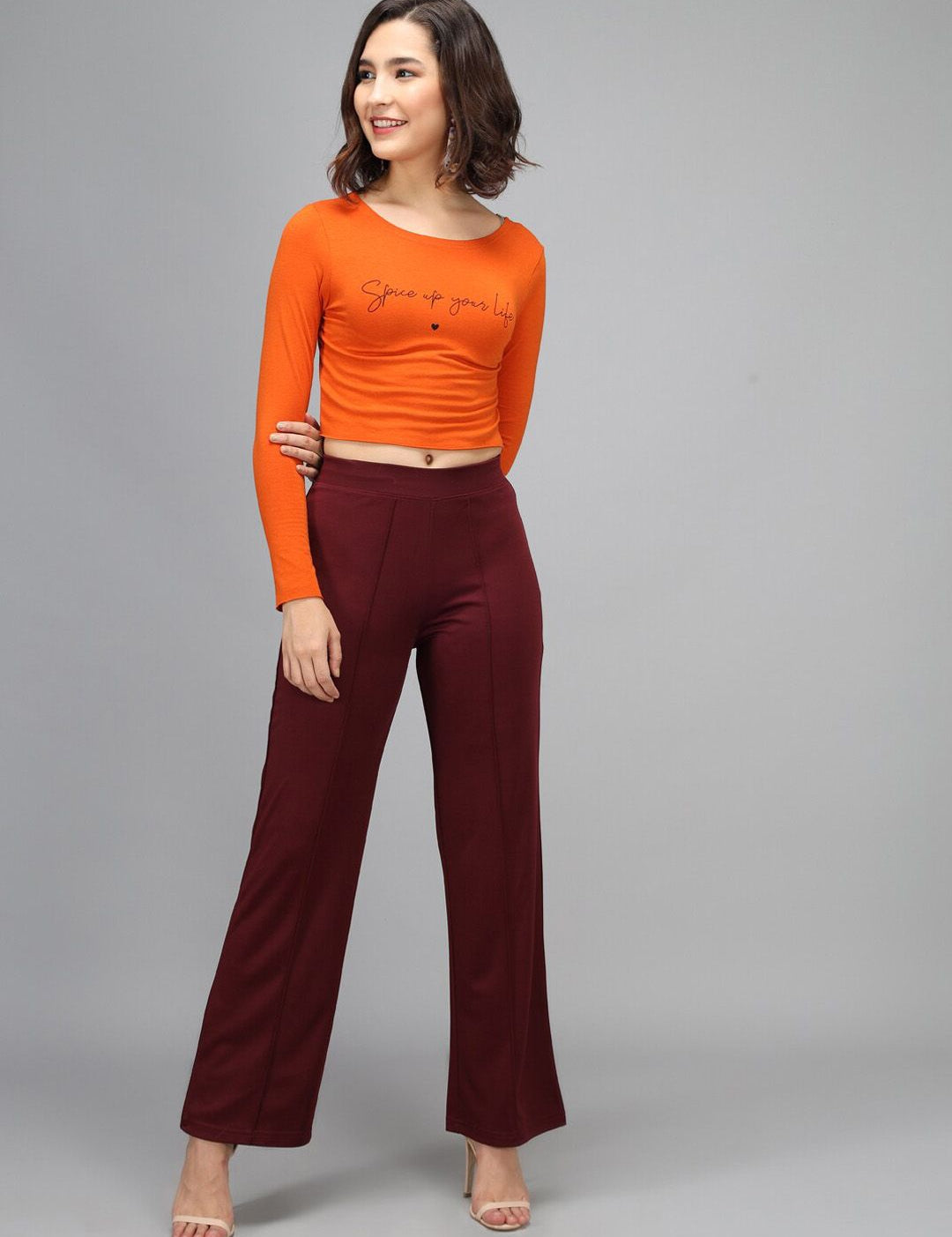 Kotty Women Maroon Solid High-Rise Bootcut Trousers