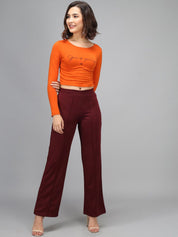 Kotty Women Maroon Solid High-Rise Bootcut Trousers