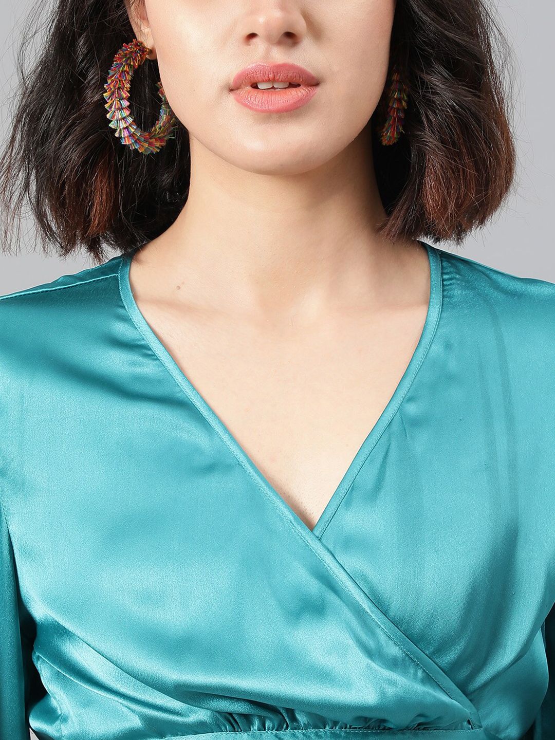 Kotty Satin Puff Sleeve Wrap Crop Top