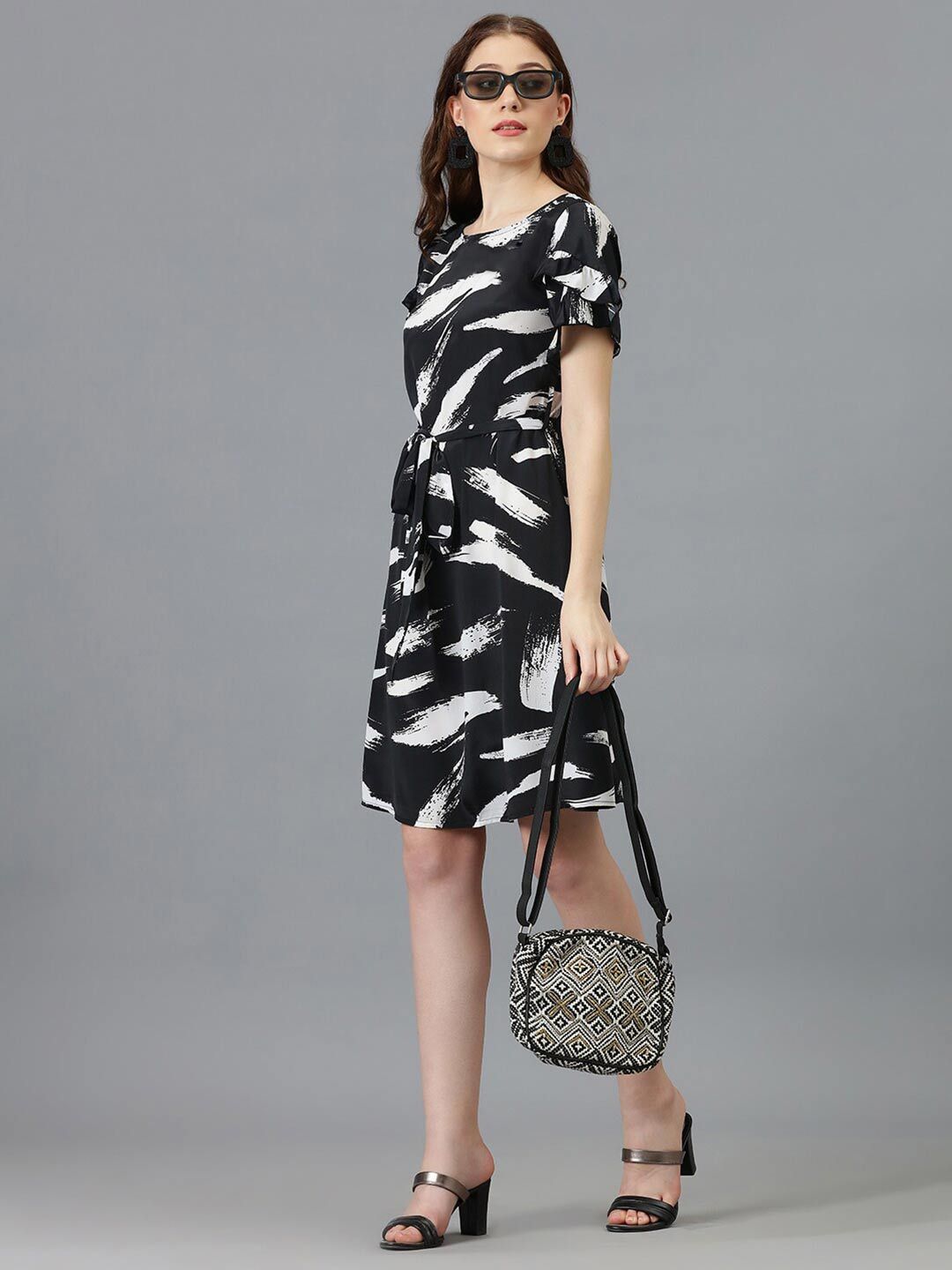 Kotty Black Abstract Printed Satin A-Line Dress
