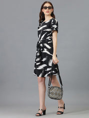 Kotty Black Abstract Printed Satin A-Line Dress
