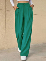 KOTTY BIZwear Green Women Relaxed Straight Leg High-Rise Easy Wash Pleated Parallel Trousers