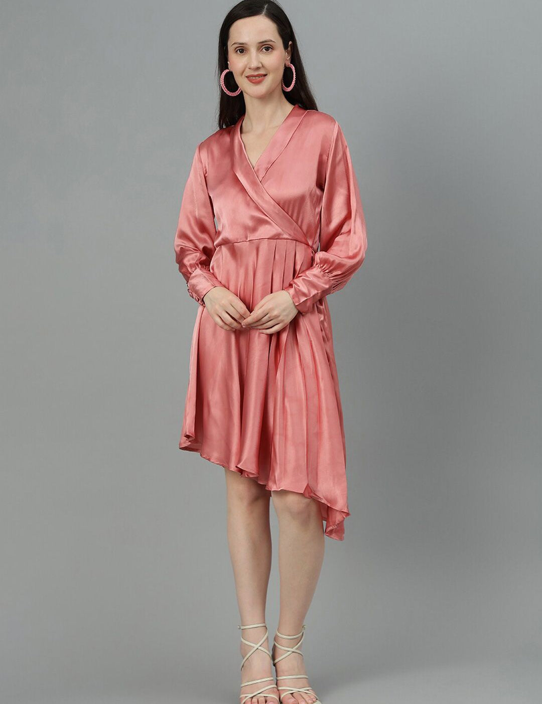 Kotty Pink V Neck Cuffed Sleeves Satin Pleated Fit & Flare Dress