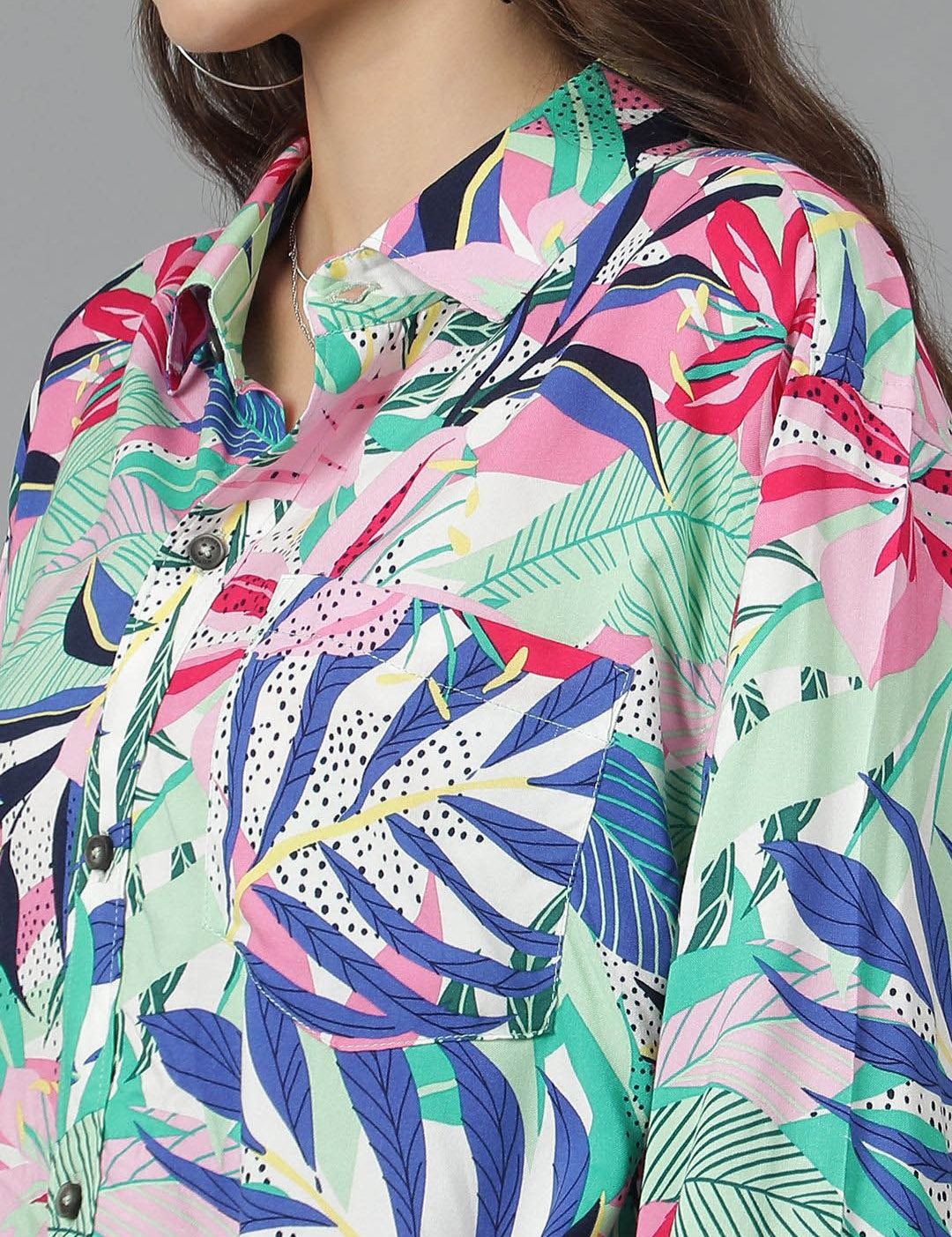 Kotty Women Spread Collar Floral Printed Cotton Oversized Casual Shirt