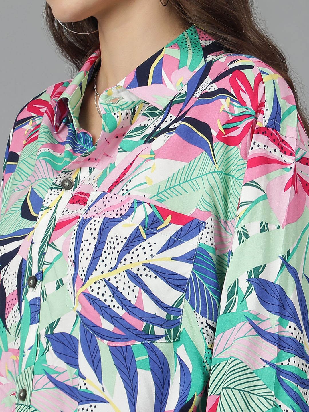 Kotty Women Spread Collar Floral Printed Cotton Oversized Casual Shirt