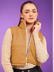 Kotty Women Mock Collar Solid Cotton Insulator Crop Gilet Jacket